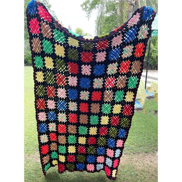 Handmade Other - Vintage Granny Square Afghan Handmade Knitted Throw Lap Blanket